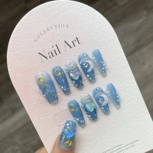 Blue Ocean Moon Rhinestone Long Ballet Press-On Nails