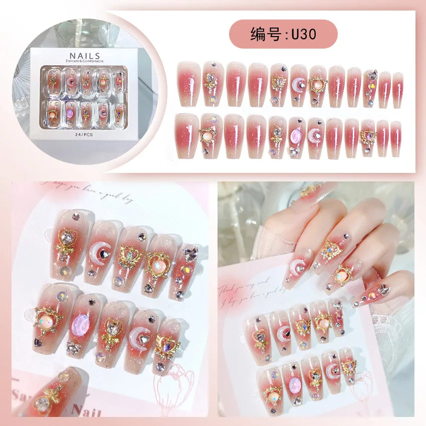 Pink Moon Star Rhinestone Long Coffin Press-On Nails