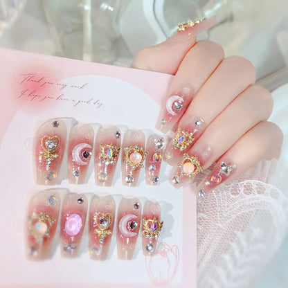 Pink Moon Star Rhinestone Long Coffin Press-On Nails