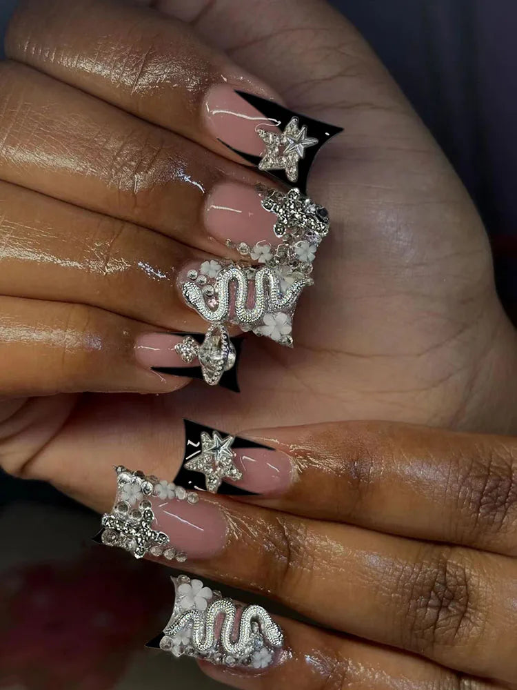 Black French Cross Long Duck Press-On Nails