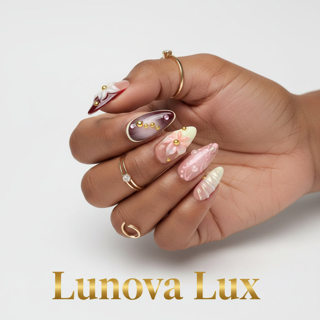 Golden Bloom French Almond Nails