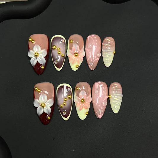 3D Hand-Carved Petal Almond Press-On Nails
