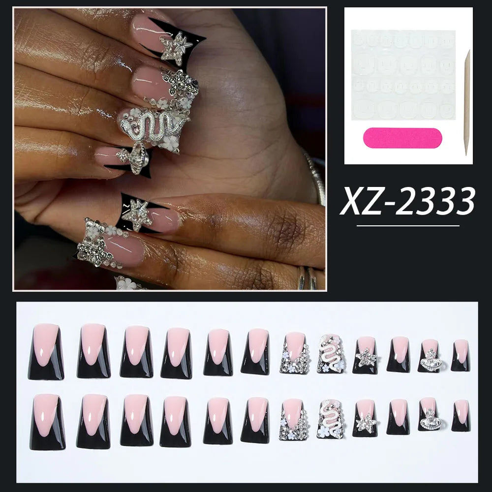 Black French Cross Long Duck Press-On Nails