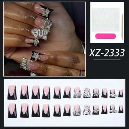 Black French Cross Long Duck Press-On Nails