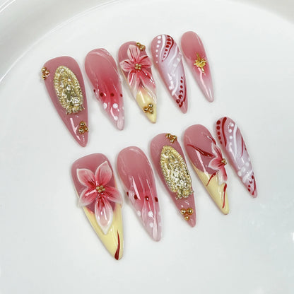 Butterfly Camellia Long Stiletto Press-On Nails