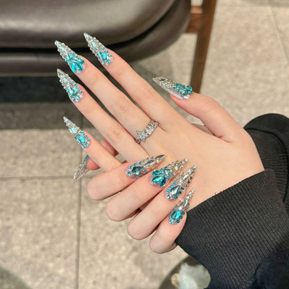 Blue Diamond Long Stiletto Press-On Nails