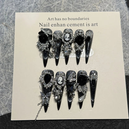 Y2K Punk Metal Bow Long Coffin Press-On Nails