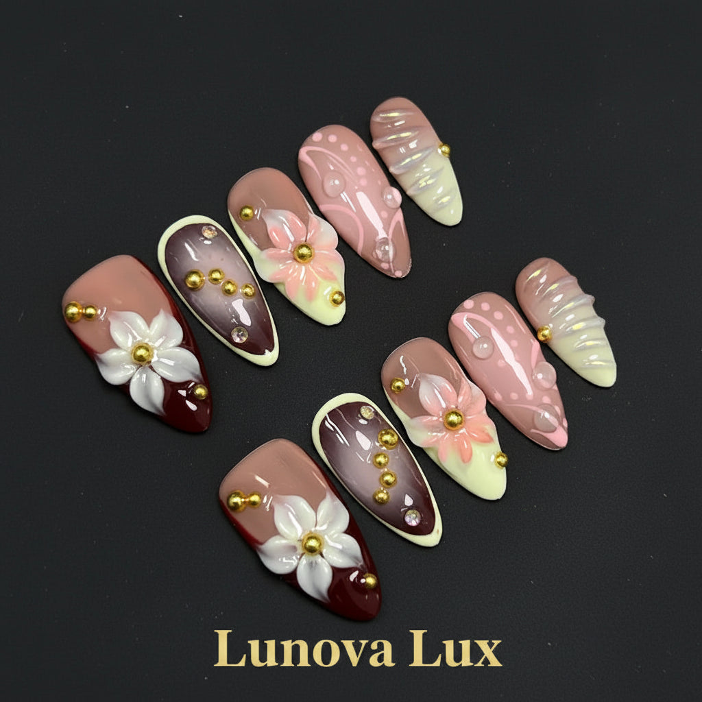 Golden Bloom French Almond Nails