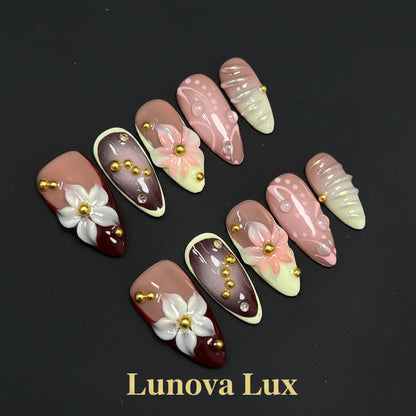 Golden Bloom French Almond Nails
