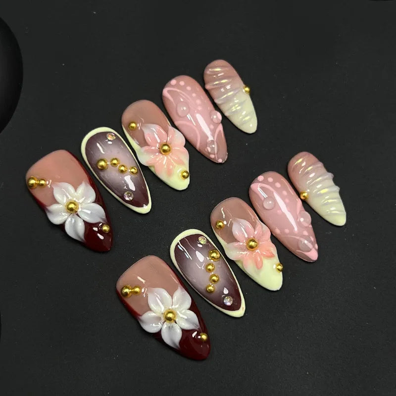 3D Hand-Carved Petal Almond Press-On Nails