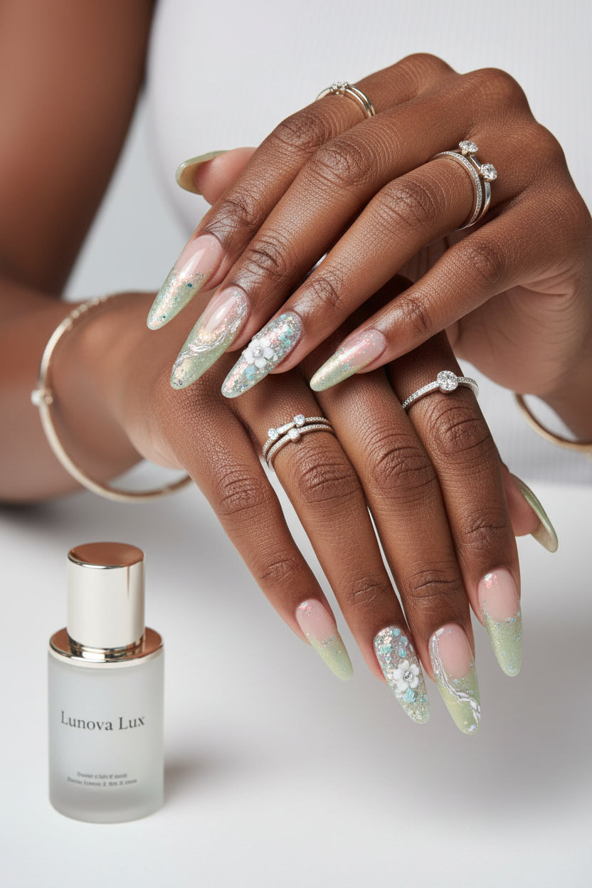 Green Cat Eye French Almond Nails