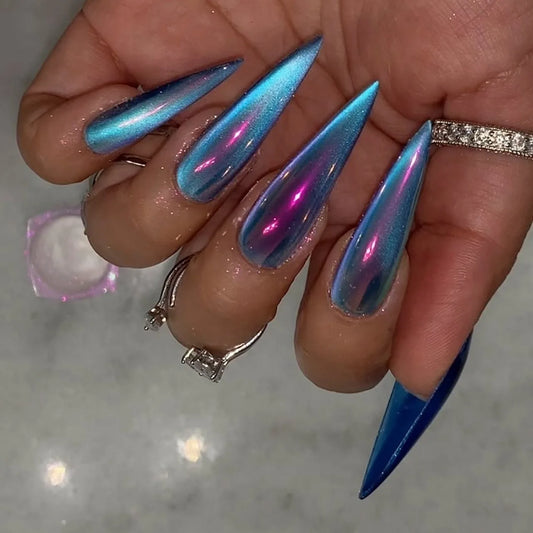 Blue Cat Eye Long Stiletto Press-On Nails