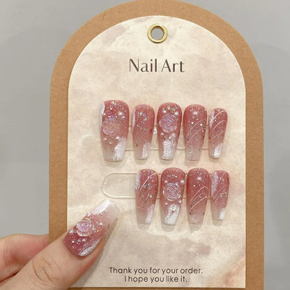 Blue Ocean Moon Rhinestone Long Ballet Press-On Nails