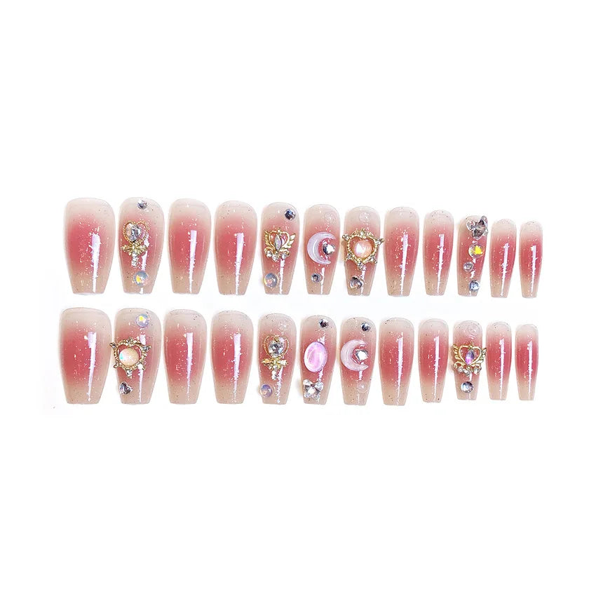 Pink Moon Star Rhinestone Long Coffin Press-On Nails