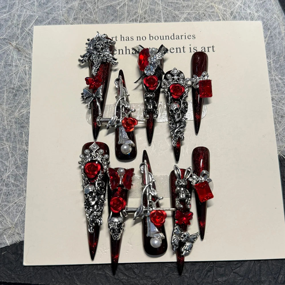 Y2K Punk Metal Bow Long Coffin Press-On Nails