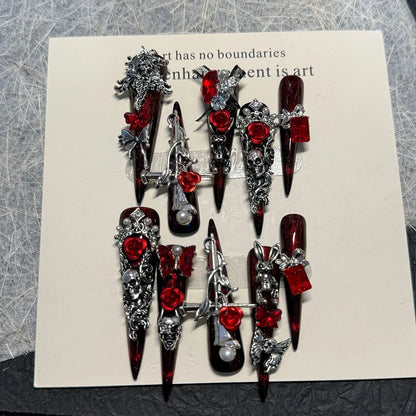 Y2K Punk Metal Bow Long Coffin Press-On Nails