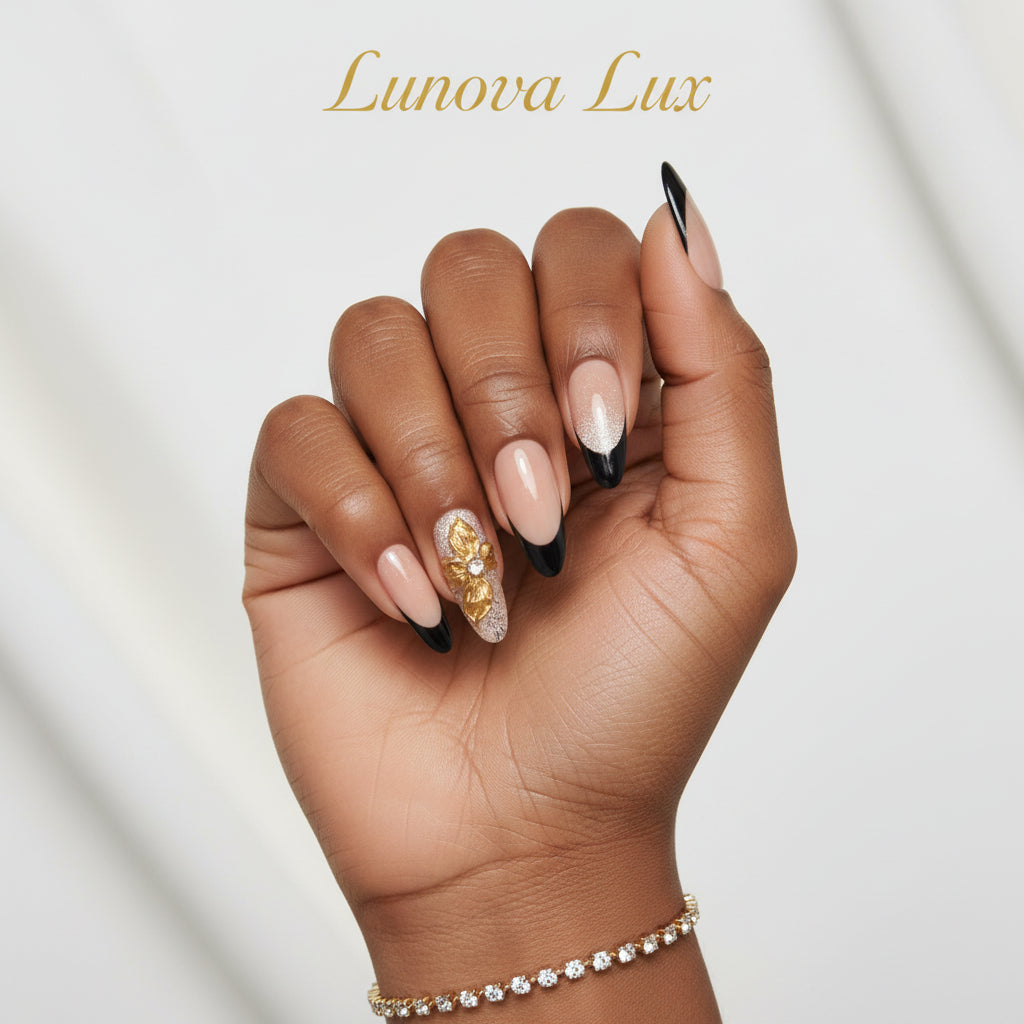 Golden Bloom French Almond Nails