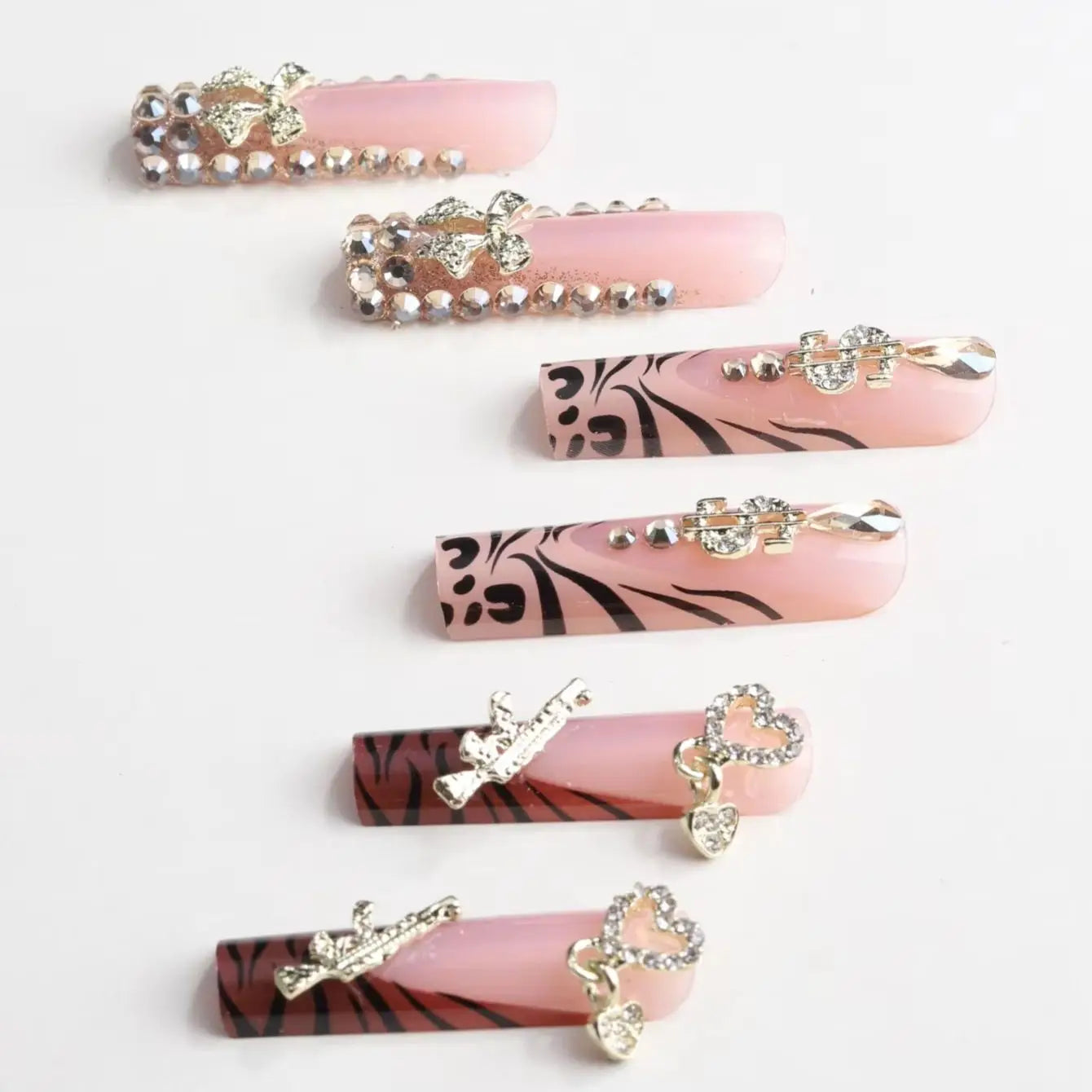 Pink Leopard Glitter Long Square Press-On Nails