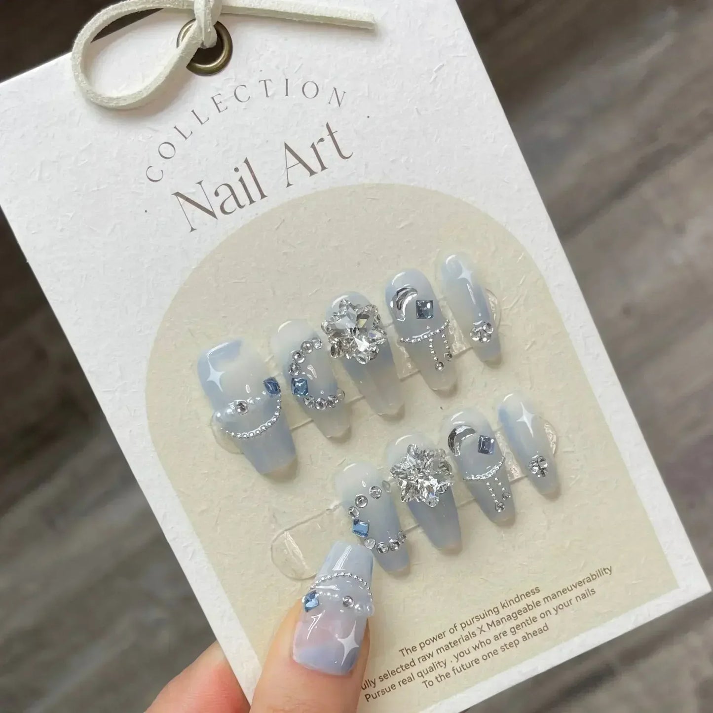Blue Ocean Moon Rhinestone Long Ballet Press-On Nails