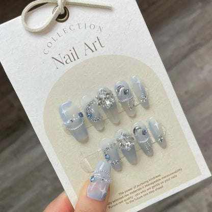 Blue Ocean Moon Rhinestone Long Ballet Press-On Nails