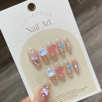 Blue Ocean Moon Rhinestone Long Ballet Press-On Nails