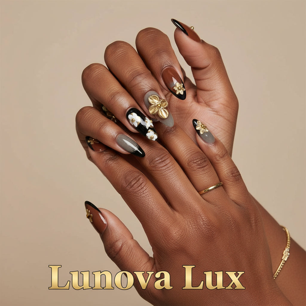 Golden Bloom French Almond Nails
