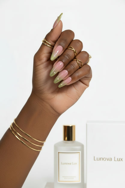 Green Cat Eye French Almond Nails
