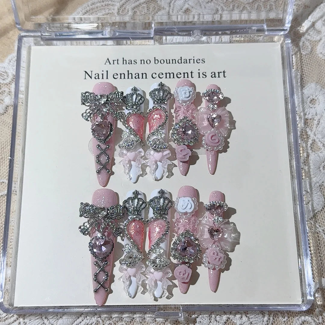 Y2K Punk Metal Bow Long Coffin Press-On Nails