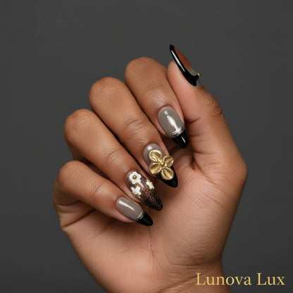 Golden Bloom French Almond Nails