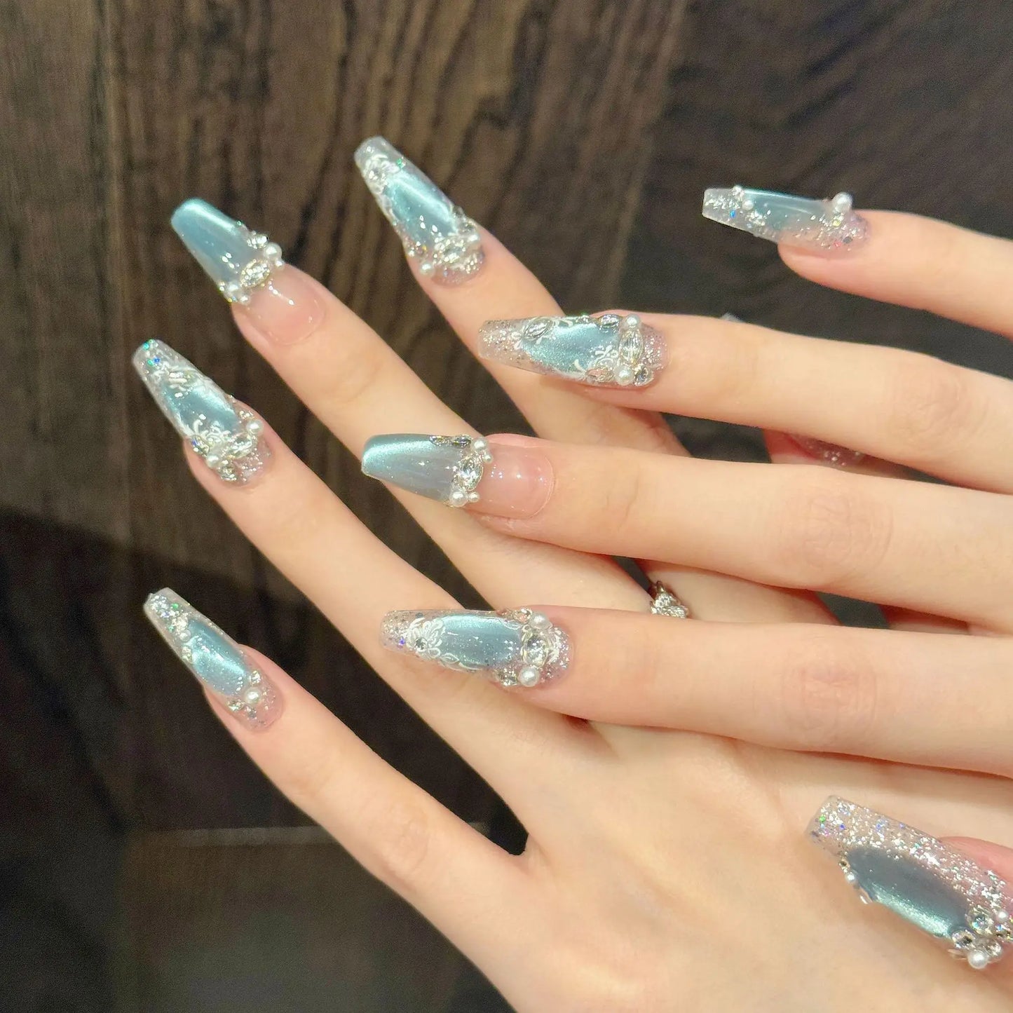 Ice Blue Crystal Cat Eye Nails