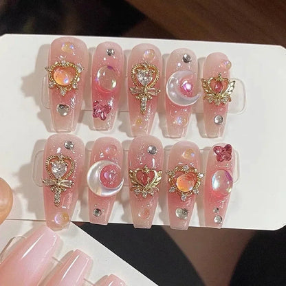 Blue Ocean Moon Rhinestone Long Ballet Press-On Nails