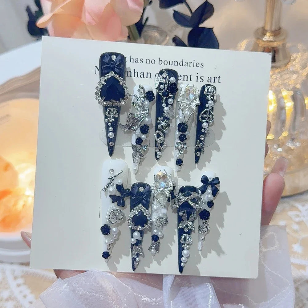 Y2K Punk Metal Bow Long Coffin Press-On Nails