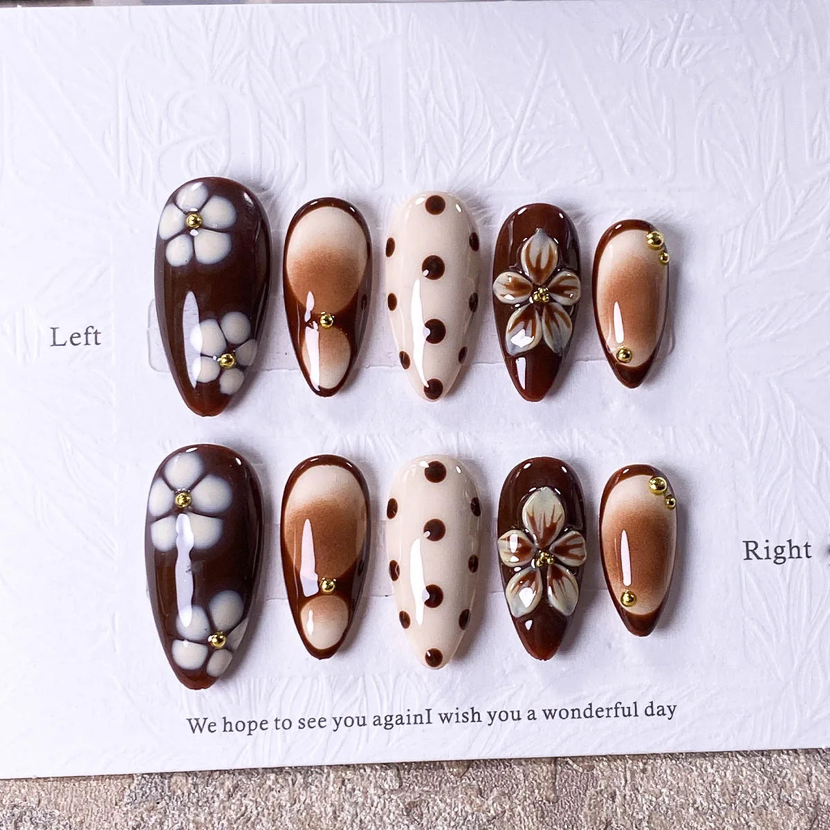 Brown Three-Flower Handmade Press-On Nails