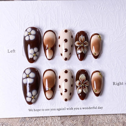 Brown Three-Flower Handmade Press-On Nails