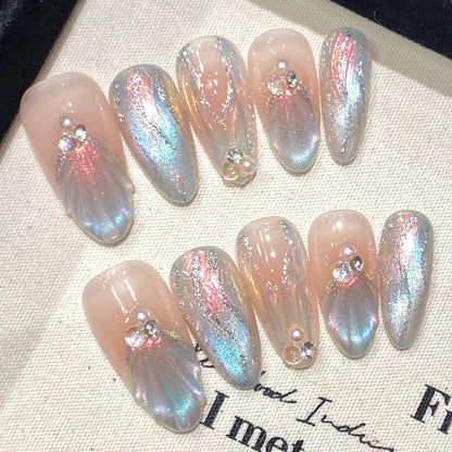 Blue Aurora Mermaid Almond Press-On Nails