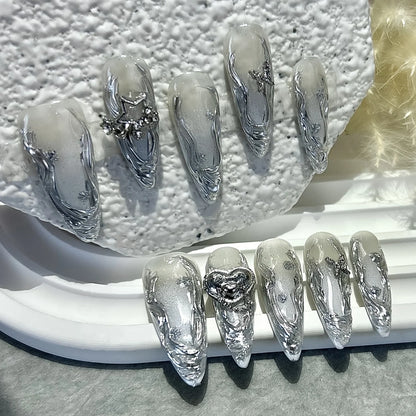 Gradient Silver Vine Heart Long Press-On Nails