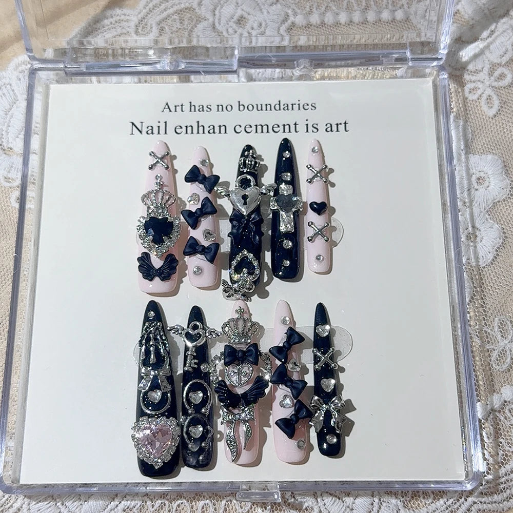 Y2K Punk Metal Bow Long Coffin Press-On Nails