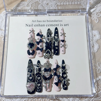 Y2K Punk Metal Bow Long Coffin Press-On Nails