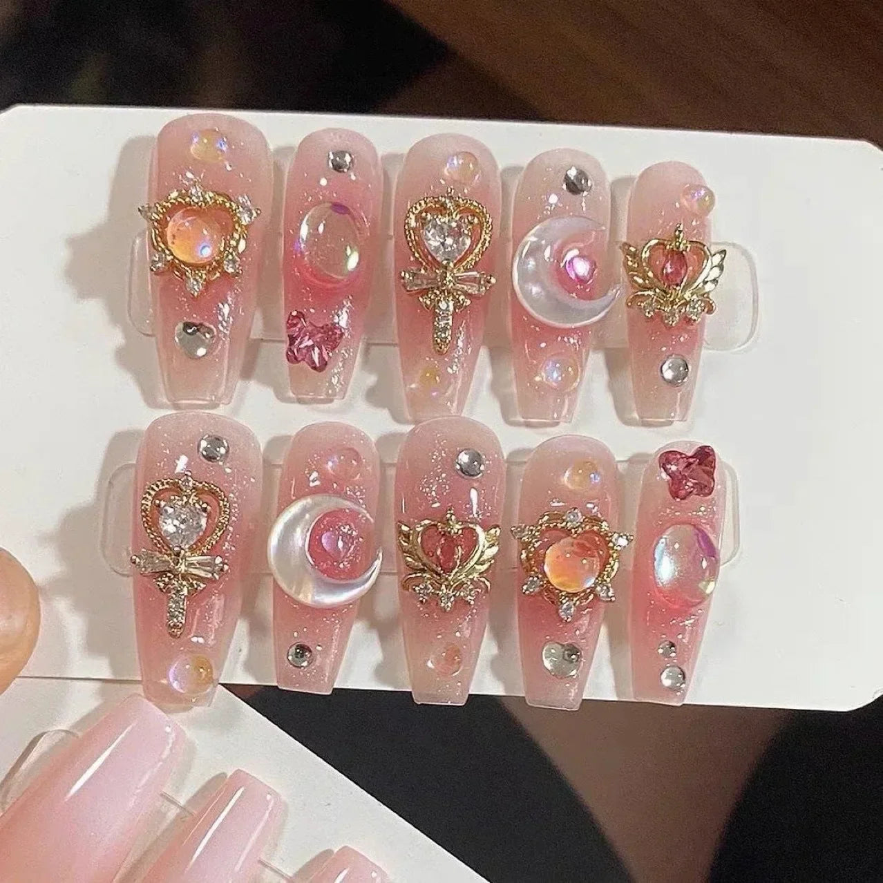 Blue Ocean Moon Rhinestone Long Ballet Press-On Nails