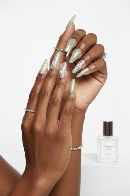 Green Cat Eye French Almond Nails