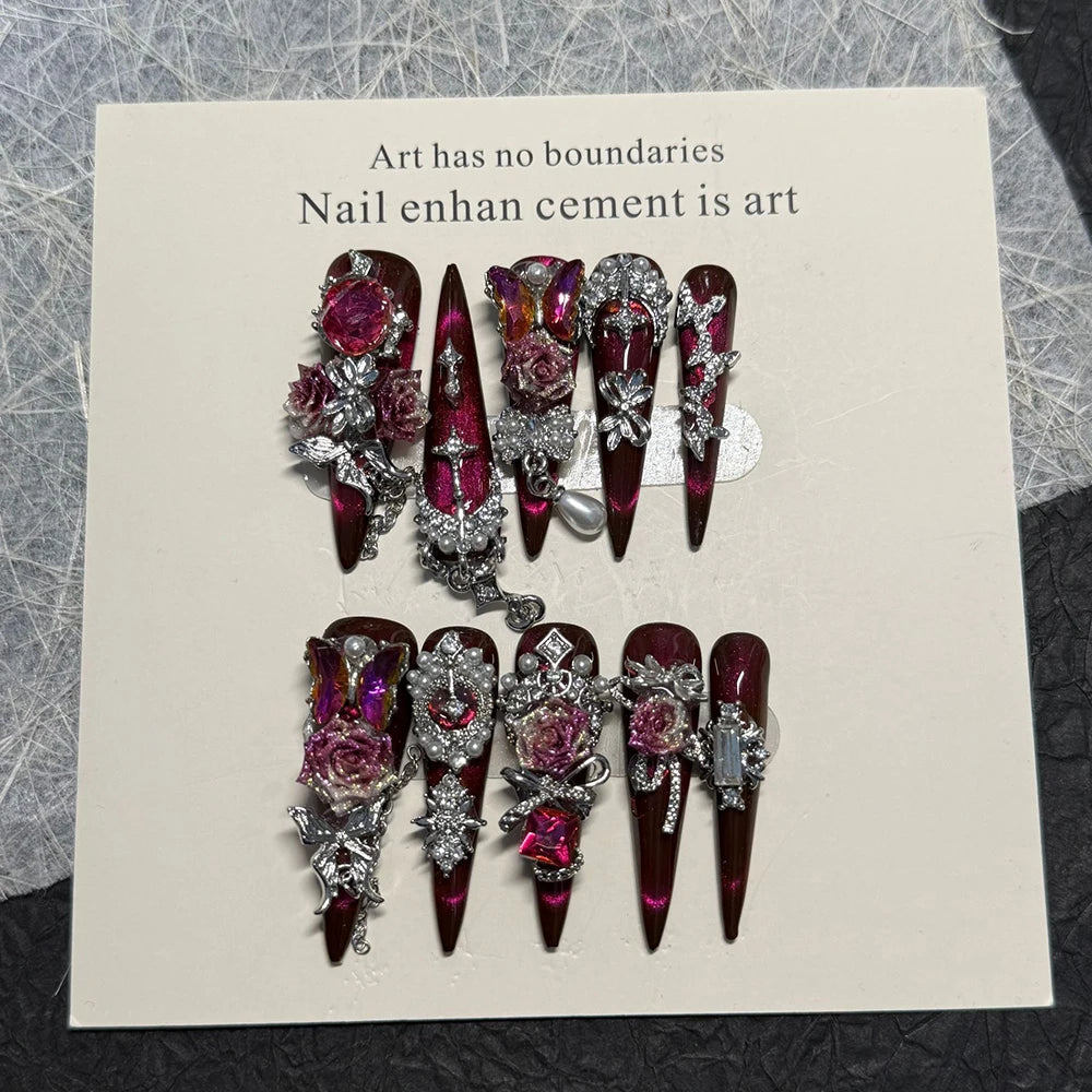 Y2K Punk Metal Bow Long Coffin Press-On Nails