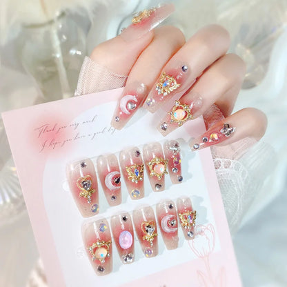 Pink Moon Star Rhinestone Long Coffin Press-On Nails