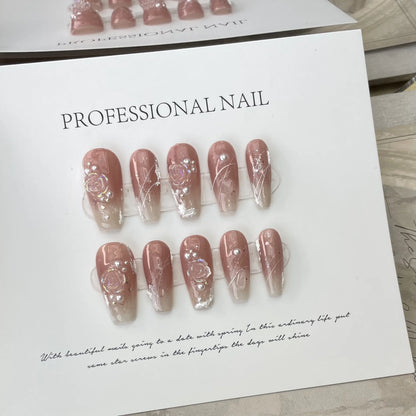 Blue Ocean Moon Rhinestone Long Ballet Press-On Nails