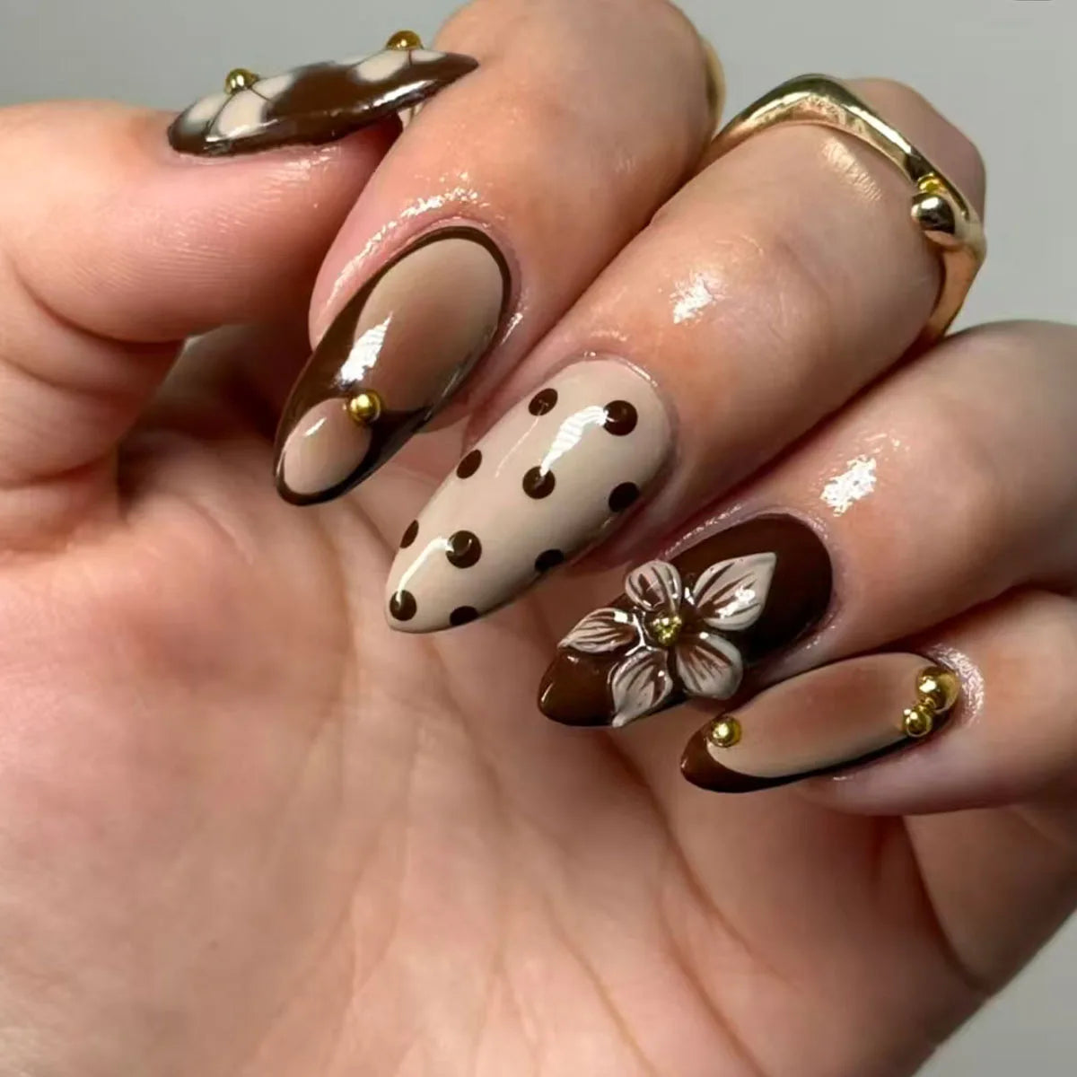 Mocha Blossom Almond Nails