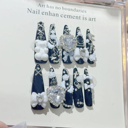 Y2K Punk Metal Bow Long Coffin Press-On Nails