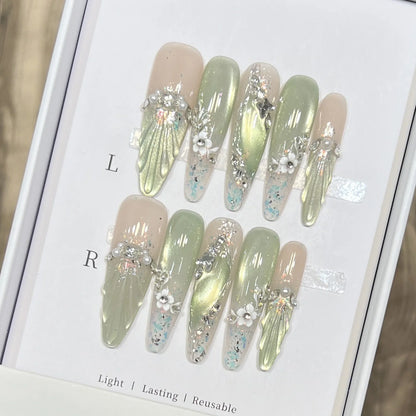 Green Cat Eye French Almond Press-On Nails