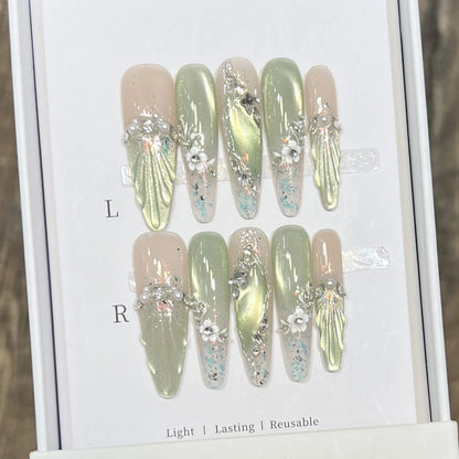 Green Cat Eye French Almond Press-On Nails