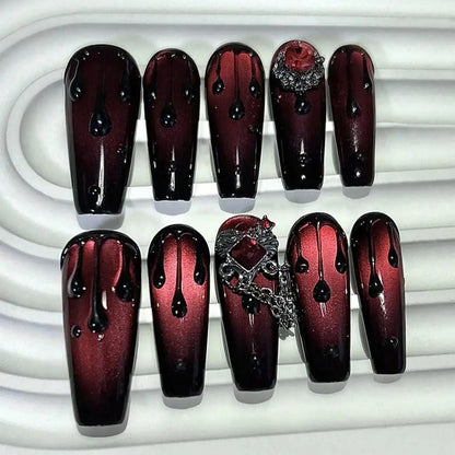 Dark Blood Red Cat Eye Long Press-On Nails