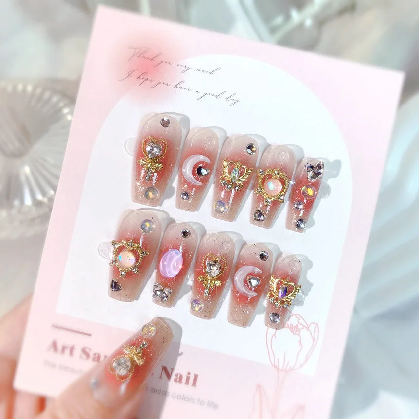 Pink Moon Star Rhinestone Long Coffin Press-On Nails