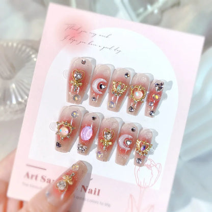 Pink Moon Star Rhinestone Long Coffin Press-On Nails